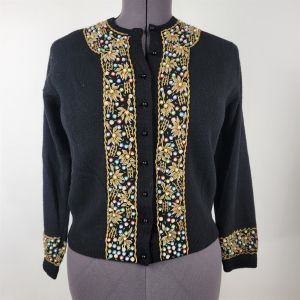 Vintage Lovely Art Knitting Beaded Cardigan Sweater Button Front