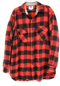  VTG 50's Pilgrim Shirt MEns L-XL  100% Wool Red Black Buffalo Plaid XLONG 
