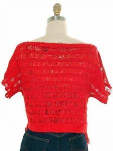Vintage Sweater Red Open Weave Fringed  Ladies Red Organically Grown 1980s S - Fashionconstellate.com
