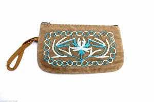 Vintage  Suede Change Purse Embroidered Brown & Turquoise Phone Case 1970s