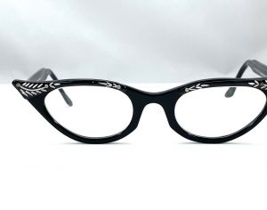 Vintage 60s Valentino Cat Eye Eyeglasses Black  Fancy Temples 4-5 1/2 RARE HTF - Fashionconstellate.com