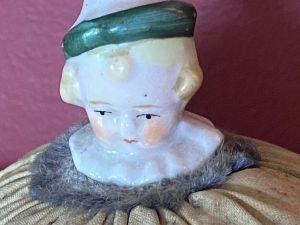 Antique German Porcelain Baby Half Doll Pincushion  3'' Adorable - Fashionconstellate.com