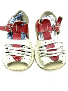 Vintage Baby  Size 4 Red & White Leather Shoes/Sandals Use for Doll 4 3/4'' long