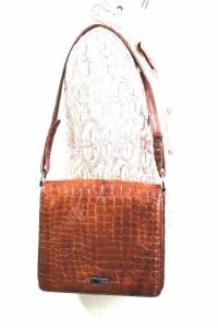 VTG Charles Jourdan Patent Crocodile-Embossed Leather Brown Shoulder Bag 1970s