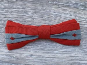 Evergrip Jr Mens Bow Tie Cherry Red Gray Rayon Clip On VTG 1940s USA 