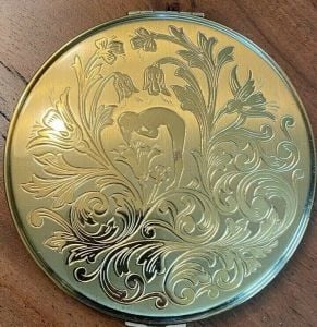 Vtg Zell  Brass Purse Compact  NEVER USED Nude Sprite Fancy Floral  4'' w/box - Fashionconstellate.com