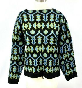 VTG Patrik Peele Studio Wool Sweater Nordic Geometric Blue Green Black L 50'' Uni