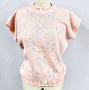 80s VTG Fairy Kei Sweater Pastel Pink Lurex Silver Bows  L Kawaii NWT Picture