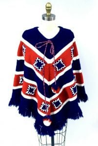 VTG 70s Embroidered Fringe Boho Cape Poncho Hippie Sweater O/S Red,White,Blue