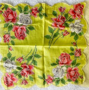 Vintage Nassan Craft Hand Rolled Hankies (2) Floral Roses NWT 1950s Yellow Red