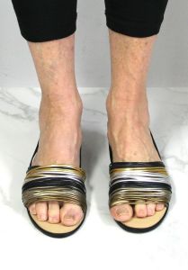 Vintage 80's 90's Abstrax Metallic Linguini Sandals Women's 10M Black Silver NIB