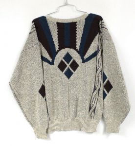 Vintage Men's 80s Sweater Stone Blue Maroon Knit, leather trim XL TALL, EUC