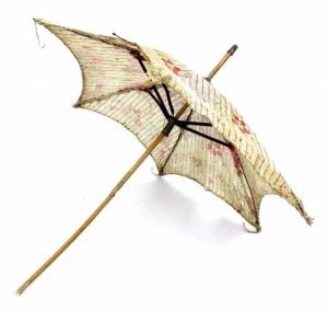 Antique  Victorian Parasol Linen Floral Print Needs Repair  Doll Umbrella? 18''