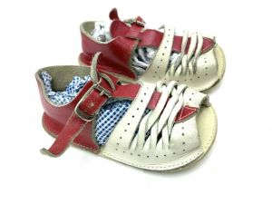 Vintage Baby  Size 4 Red & White Leather Shoes/Sandals Use for Doll 4 3/4'' long - Fashionconstellate.com