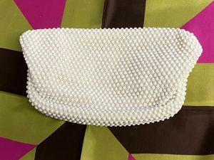 Vintage Lumared White Beaded Wide Mouth Hinge Open Clutch Purse 1950s