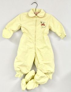 VTG 1950s Tidykins Unisex Quilted Yellow Snowsuit Bunting Dog Emblem Front
