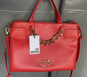 LOVE MOSCHINO Borsa PU Rosso Satchel Shoulder Bag Red Gold Chain Logo NWT $398
