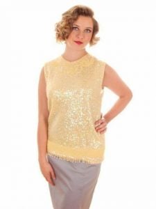 Vintage Womens Top Sleeveless Yellow Sequin Sweater Shimmy 1960s B. Altman