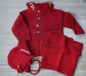 VTG 50s Handknit Childrens Sweaters Red Cardigan, Shell, Blouse, Hat 26'' Chest