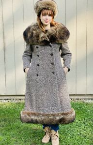 Vintage 70s Long Trench Coat Wool Brown Tweed HEIDI Raccoon Fur Dr. Zhivago L