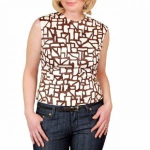 Vintage Womens Blouse Brown White Abstract Print Sleeveless 1950S S-M