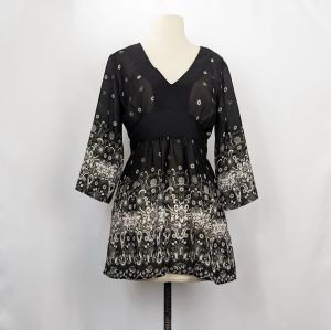 Y2K Blouse Black White Sheer Floral Tie Back by Le Grange | Vintage Misses S