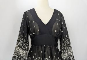Y2K Blouse Black White Sheer Floral Tie Back by Le Grange | Vintage Misses S - Fashionconstellate.com