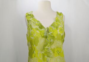 Y2K Top Green Floral Sequined Silk Ruffled Neckline by Ice | Vintage Misses S - Fashionconstellate.com