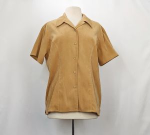 90s Blouse Brown Faux Suede Short Sleeve by Talbots | Vintage Misses L
