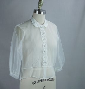 50s Sheer Nylon Suit Blouse w/ Rhinestone Buttons, Sz 38 - Fashionconstellate.com