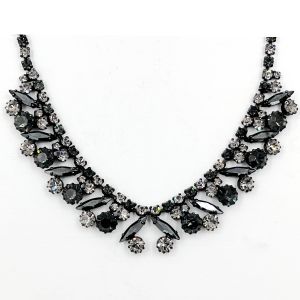 Vintage 1960s Sherman Necklace Black & Crystal Rhinestone 16” - Fashionconstellate.com