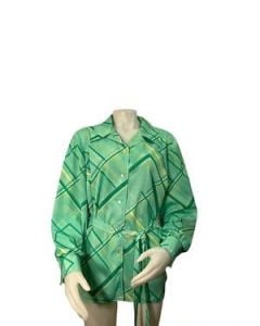 70s tunic top green geometric print long sleeve belted