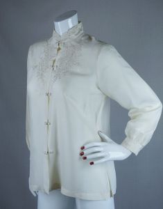 Vtg Ivory Silk Hand Embroidered Blouse, Sz 40 - Fashionconstellate.com