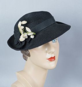 1940s Black Straw Slouch Style Hat by Gage, Sz 22