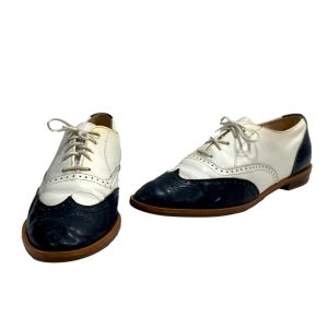 80s White & Navy Blue Leather Spectator Oxfords Wingtips 