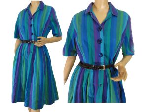 Vintage 50s - 60s Day Dress Blue Green Purple Striped Cotton Pleated Skirt Plus Size
