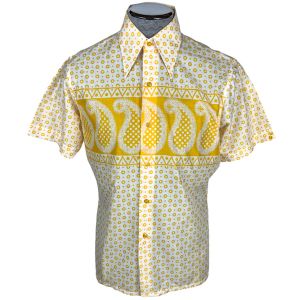 Vintage Mens 1970s Shirt Yellow Paisley & Circles Sheer Cotton M