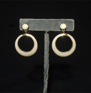 1960s Clip On Hoop Earrings Ivory Off White Enamel Crown Trifari Hoops in Jewelry Gift Box - Fashionconstellate.com