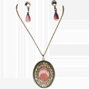 1960s Goldstone Jewelry Set Screw Back Earrings, Gemstone Pendant On Dainty Chain
