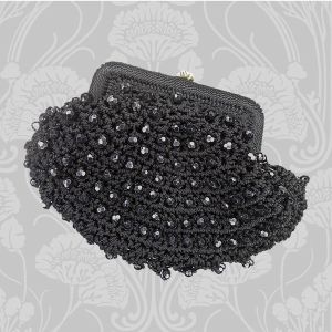 1950s Walborg Small Black Beaded Crochet Clutch, Collectible Mini Purse