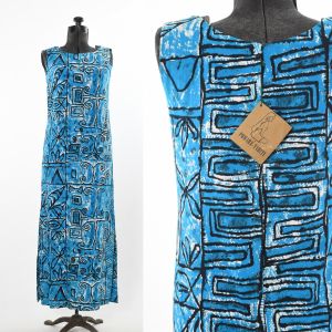 1960s Blue Black Sleeveless Never Worn Tahitian Print Hawaiian Maxi Dress