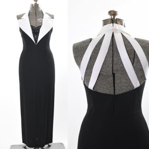 1990s Black White Wide Tuxedo Lapel Sleeveless High Front Slit Full Length Evening Gown 