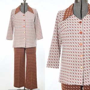 Late 60s Burnt Orange White 2 Piece Shirt Pants Coordinating Set