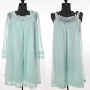 60s Green Sleeveless Nightgown Matching Longsleeve Babydoll Peignoir Robe Set