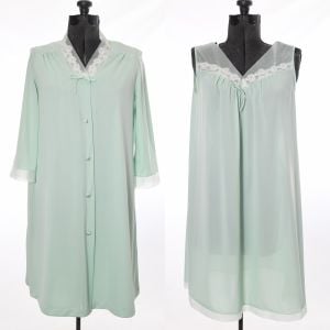 70s Mint Green Matching Sheer Sleeveless Nightgown 3/4 Peignoir Housecoat Robe