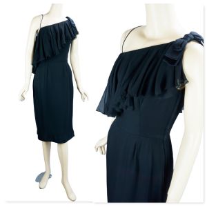 50s - 60s Black Silk Chiffon One Shoulder Cocktail Dress