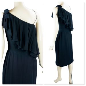 50s - 60s Black Silk Chiffon One Shoulder Cocktail Dress - Fashionconstellate.com