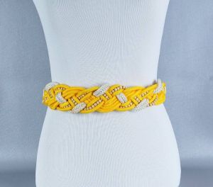 80s Yellow and Ivory Beaded Rope Belt, Adjustable